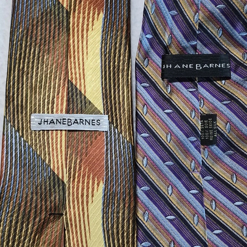 Jhane Barnes Silk Tie Designer Stripes Gold Brown Blue Purple Lot Of 2 Workwear